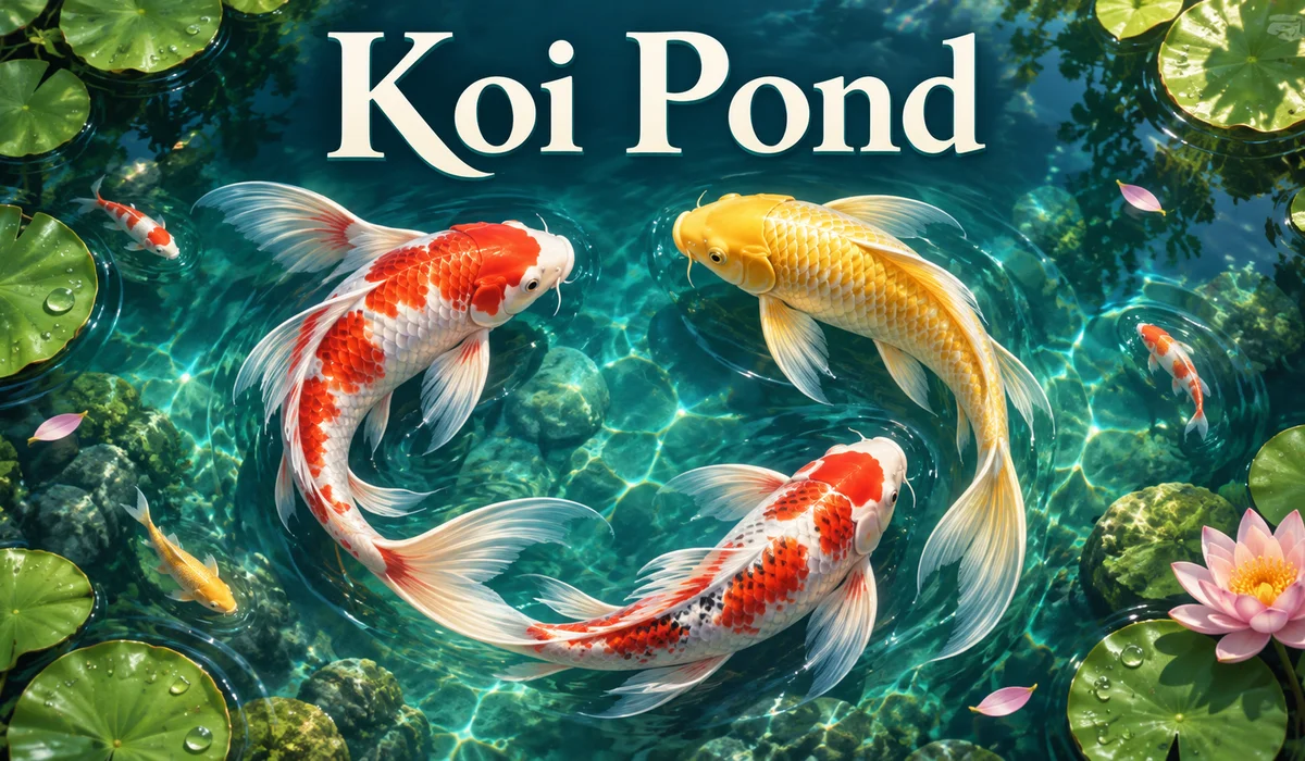 Koi Pond 宣传插画：红白色与金色锦鲤在睡莲间游动