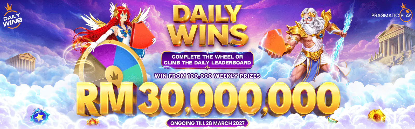 YES2WIN Daily Wins promotion with a prize wheel, leaderboard and RM30 million prize display