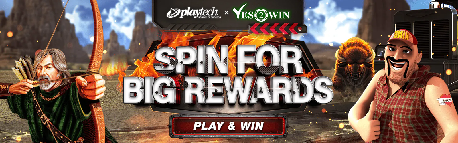 Playtech and YES2WIN Spin for Big Rewards promotion with an archer, buffalo and cartoon character