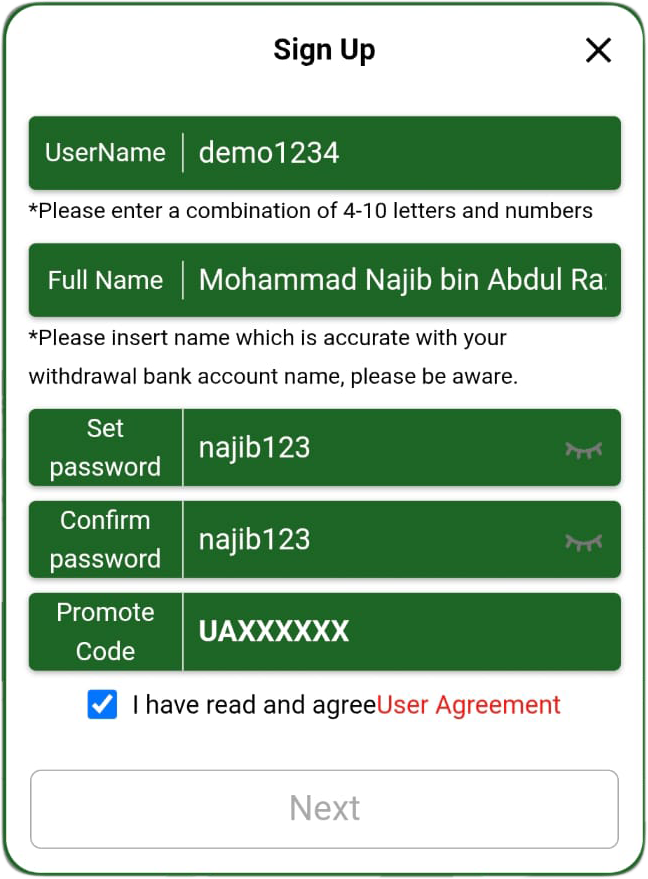 Enter account details — YES2WIN registration step 1